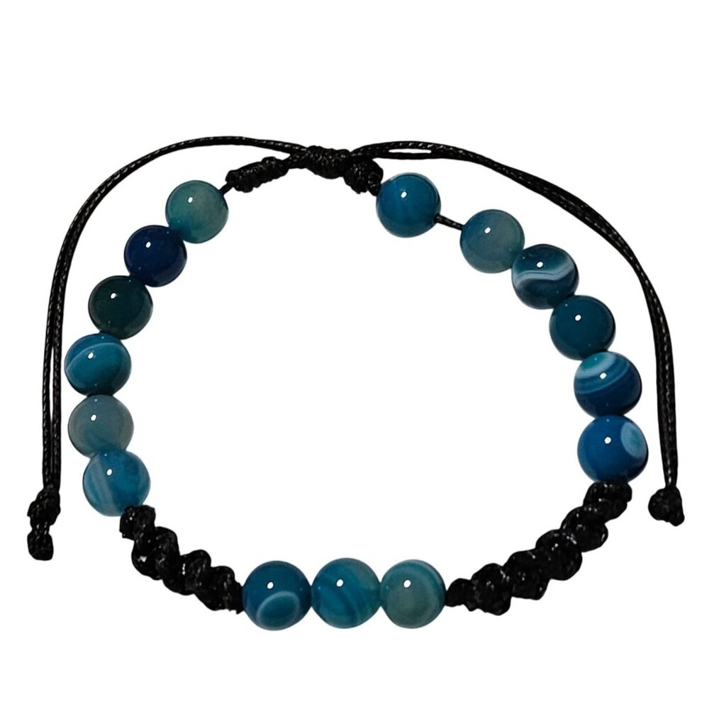 Handmade Blue Agate Beaded Bracelet Adjustable Black Cord Stress Relief Jewelry